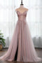 Dusty Pink Spaghetti Straps Gorgeous Beading Prom Dress, A Line Split Tulle Evening Dresses UQ2403