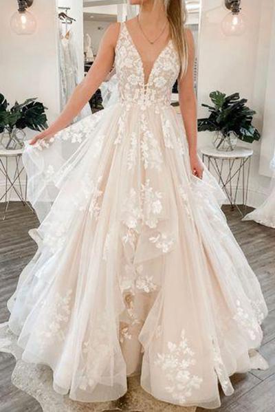 White V-neck Lace Bodice A-line Wedding Dress with Chapel Train WD2103