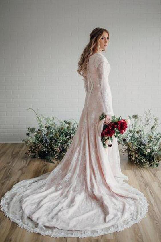 A Line Long Sleeve Lace Wedding Dresses Plus Size Rustic Weddi – cherishgirls