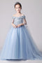 Beauty Blue Off the Shoulder Applique Flower Girl Dresses, Long Sweep Train Flower Girl Dress UF080