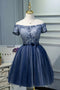 A Line Off the Shoulder Tulle Prom Dress with Belt, Cute Graduation Dress with Applique UQ1968