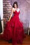 Red Spaghetti Straps V Neck Asymmetrical Prom Dress, Backless Sparkly Long Formal Dress UQ2613