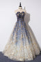 A Line Blue Tulle Strapless Long Prom Dress, Floor Length Graduation Dresses UQ2553