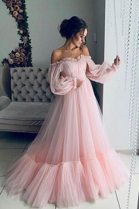 Princess A Line Off the Shoulder Light Pink Long Prom Dress with Ruffl