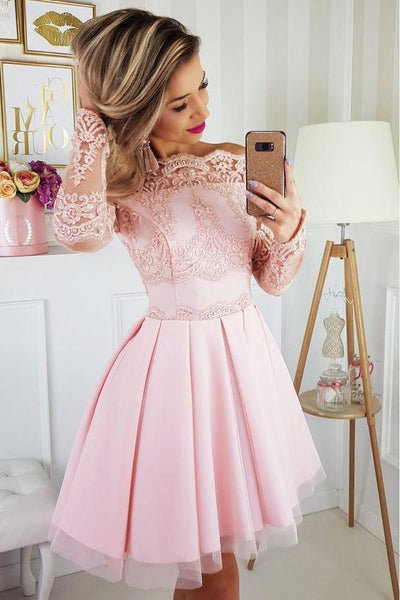 Cute Pink Off Shoulder Lace Short Homecoming Dresses PH394