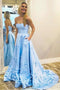 Sky Blue Strapless Satin Prom Dress with Flowers, Elegant Party Dress with Pockets UQ2610