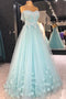 Cheap A Line Strapless Floor Length Tulle Prom Dress with Flowers, Appliqued Formal Dress UQ2541