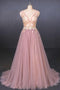 Pink V Neck Sleeveless Tulle Prom Dress with Appliques, A Line Tulle Evening Dress UQ2338