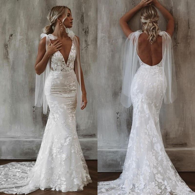 Straps Mermaid Deep V-neck Backless Tulle Lace Beach Wedding Dress