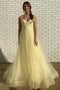 Spaghetti Straps Floor Length Tulle Prom Dress with Pleats, Cheap Long Graduation Dress UQ2566