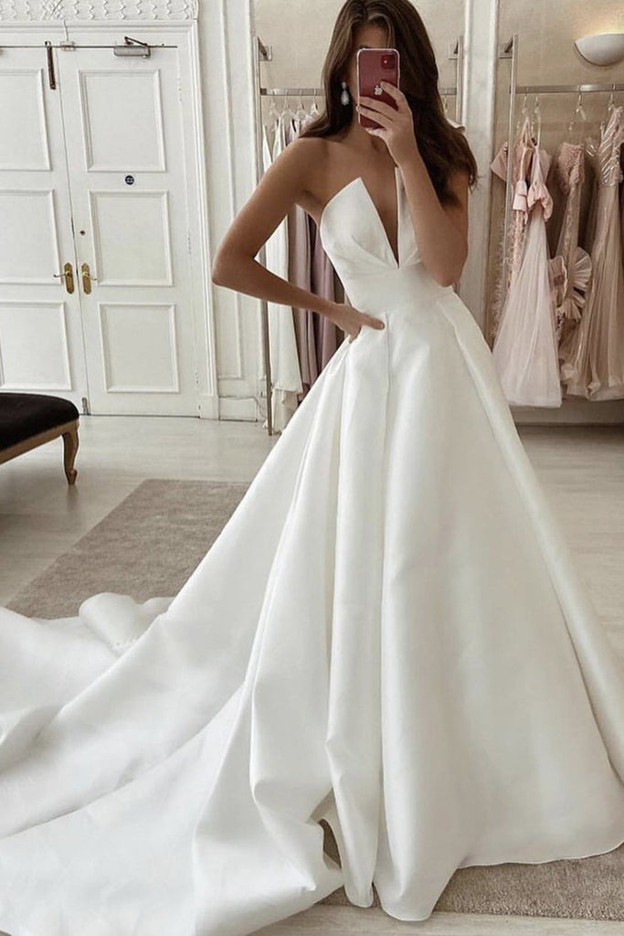 A-line Satin Bridal Dresses with V-neckline Illusion Insert – loveangeldress