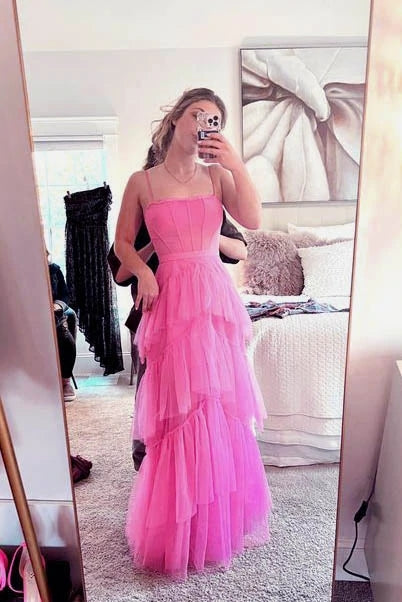 Pink Tulle Spaghetti Strap Ruffles Ball Gown Sweet-16 Prom Dresses