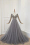 A Line V Neck Long Sleeves Tulle Gray Prom Dress with Beading, Cheap Party Dresses UQ2578