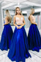 Two Pieces Royal Blue Satin Prom Dresses, Spaghetti Strap Long Party Dress with Lace UQ2476