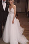 Ivory Backless Spaghetti Straps Tulle Beach Wedding Dresses, Lace Applique Bridal Dress UQ2415